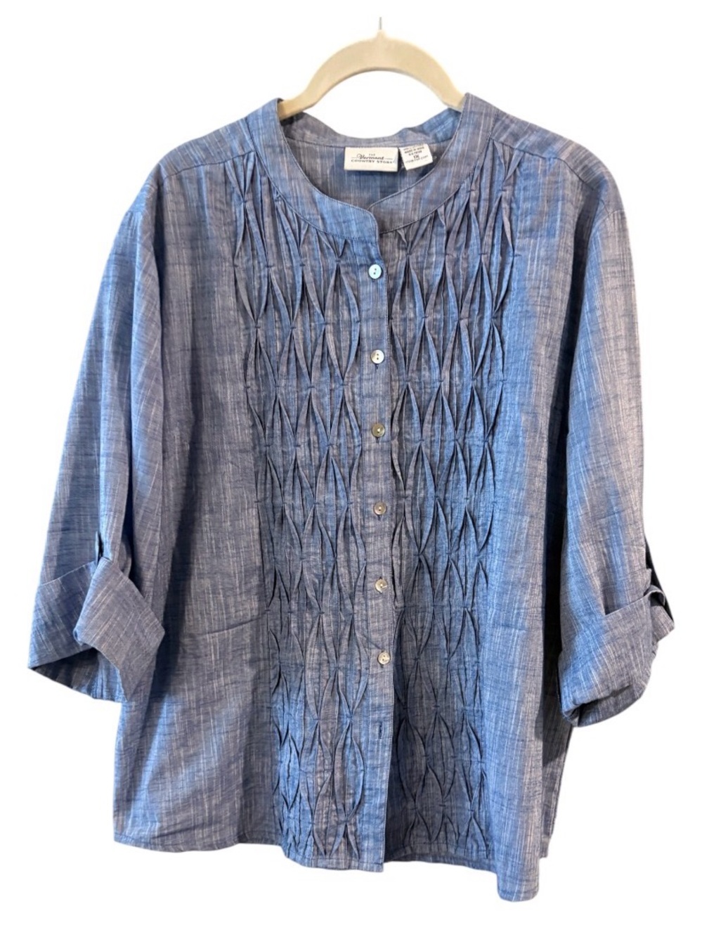 The Vermont Country Store Pintuck Cotton Blouse  Blue Button Front Top 1X